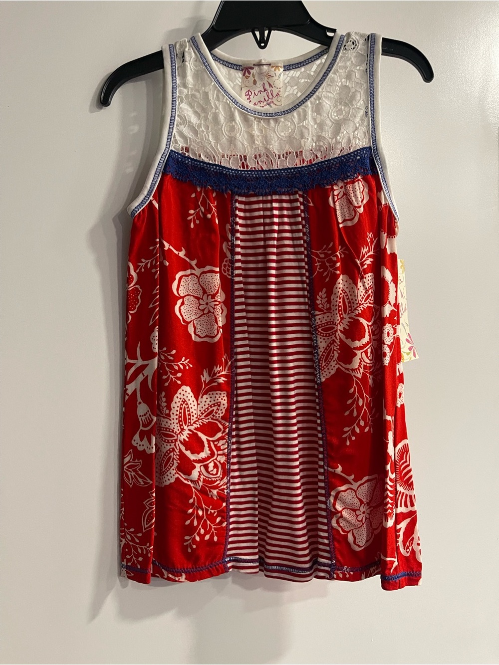 Pink Vanilla Red Floral Lace Dress with Blue Trim